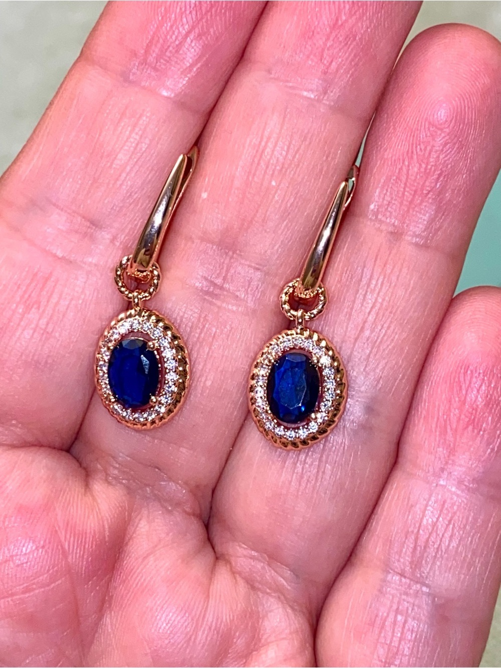 Rose Gold Blue Sapphire Halo Drop Earrings